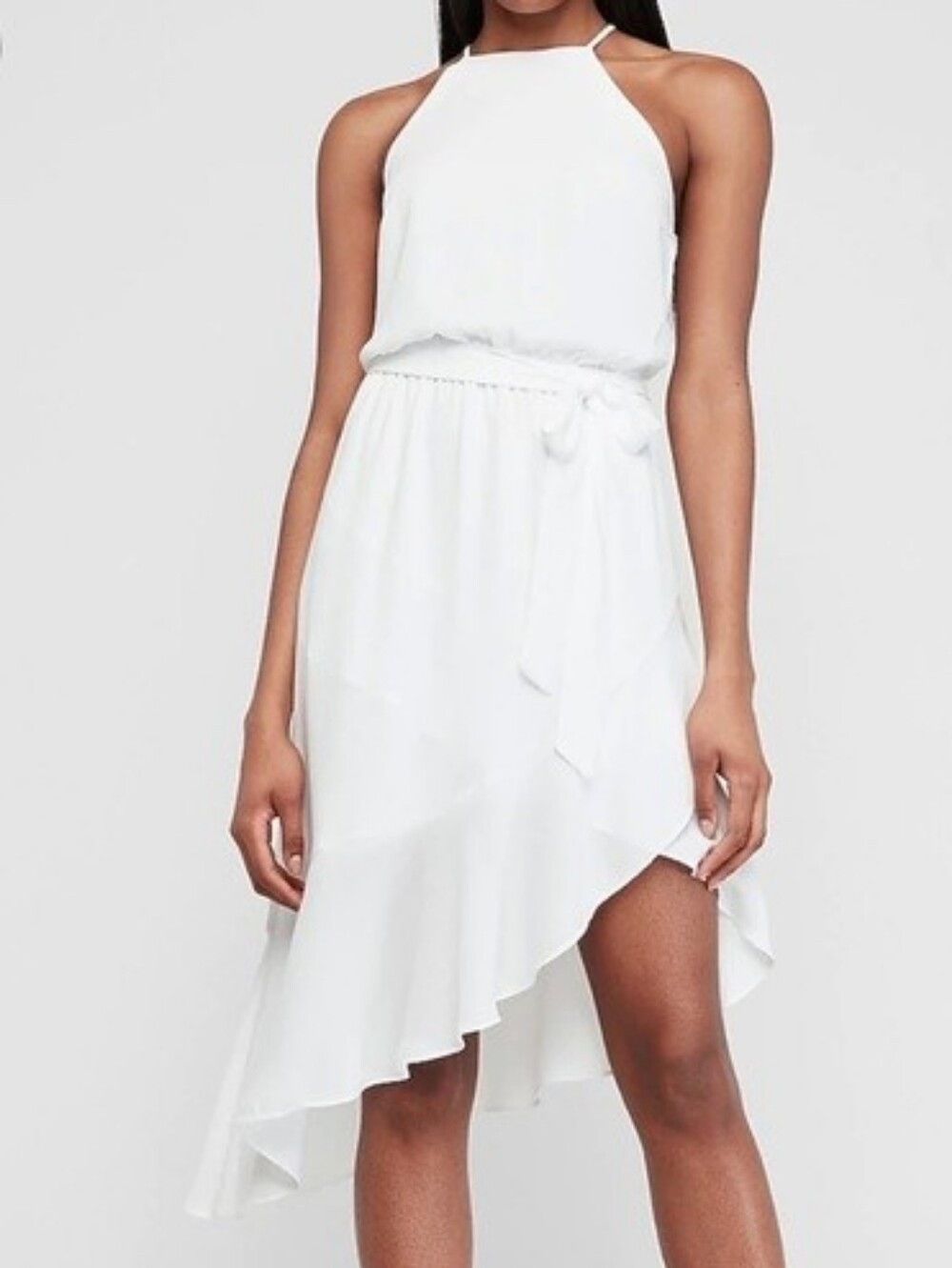Express White Ruffle Asymmetrical Hem Halter Dress